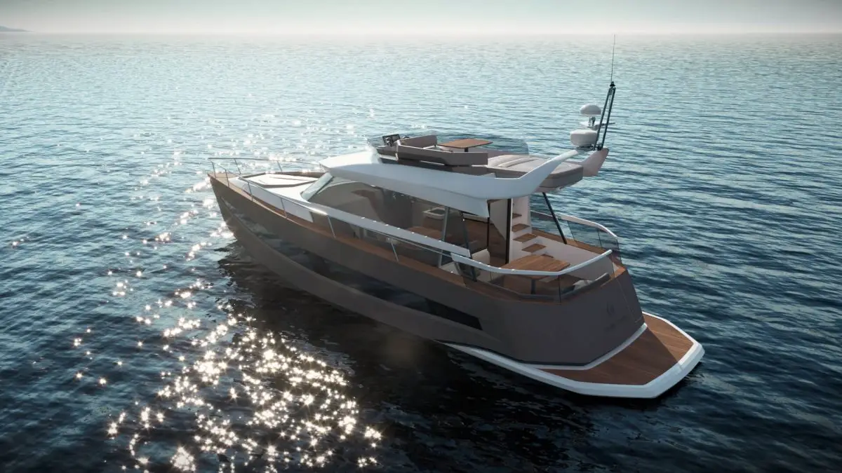 White-brown hybrid yacht cruising on open sea