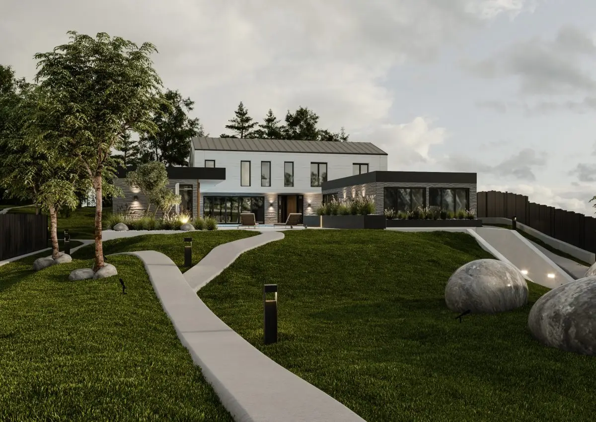 Moderna vila z veliko teraso, drevesi in potko, ki vodi do vhoda