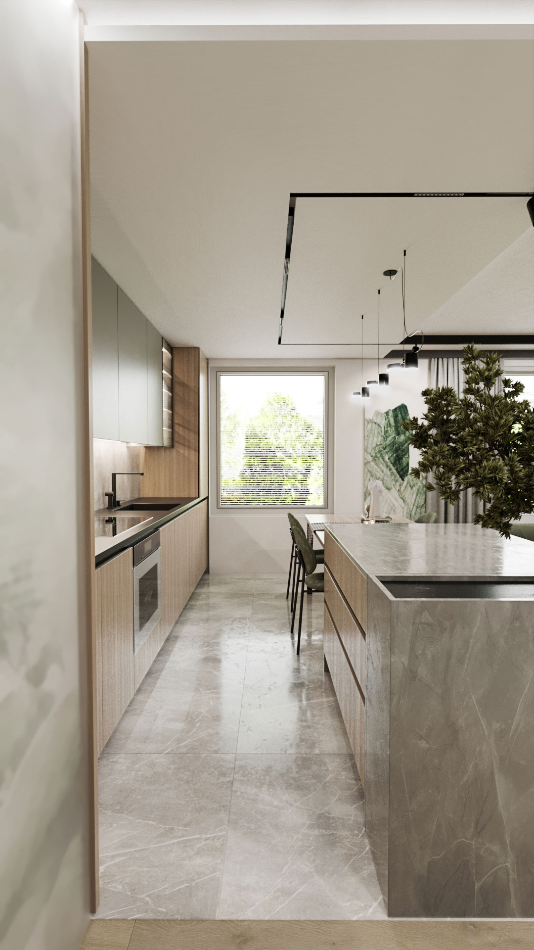 3D vizualizacija svetle minimalistične kuhinje z marmornimi ploščicami in marmornim kuhinjskim otokom