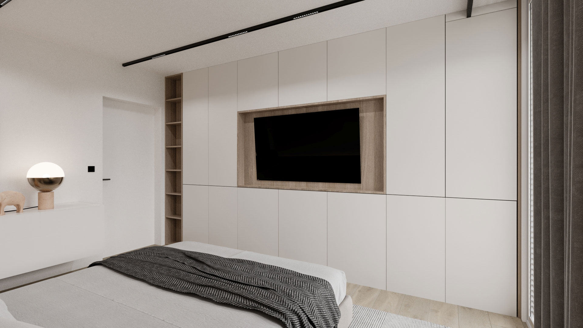 3D rendering of an apartment with a bedroom that has a white built-in wardrobe and a wall-mounted television