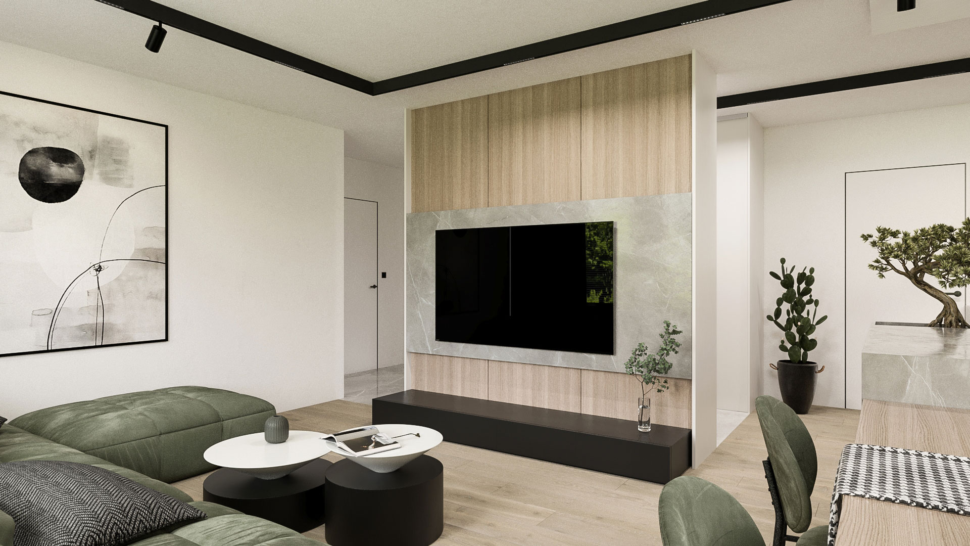 3D vizualizacija dnevnega prostora v svetlih barvah z zeleno sedežno garnituro in televizijo