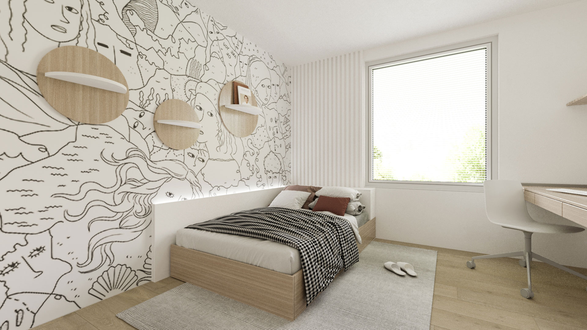 3D visualization of a children's room with a wallpaper, wall shelves and a table