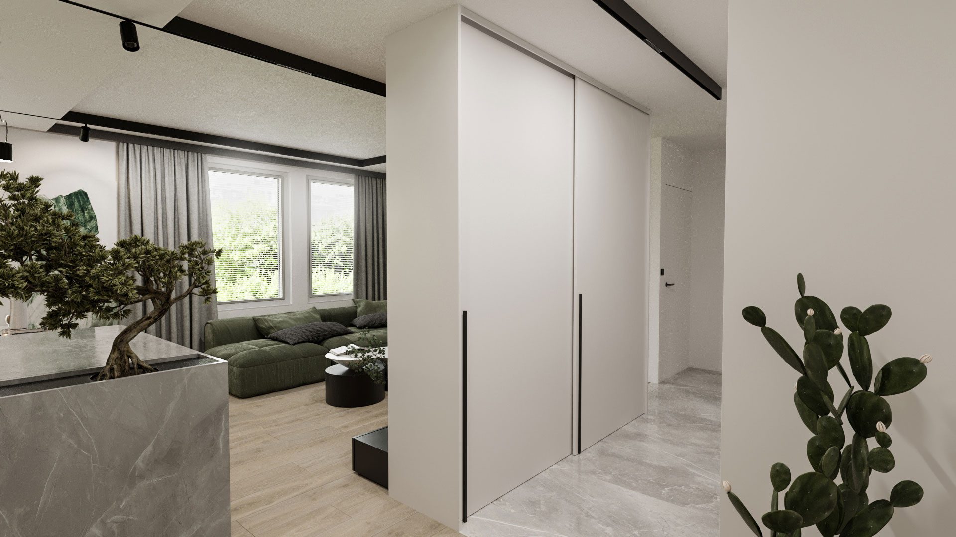 Elegant transition from the living room to the hallway with a white wardrobe and plants