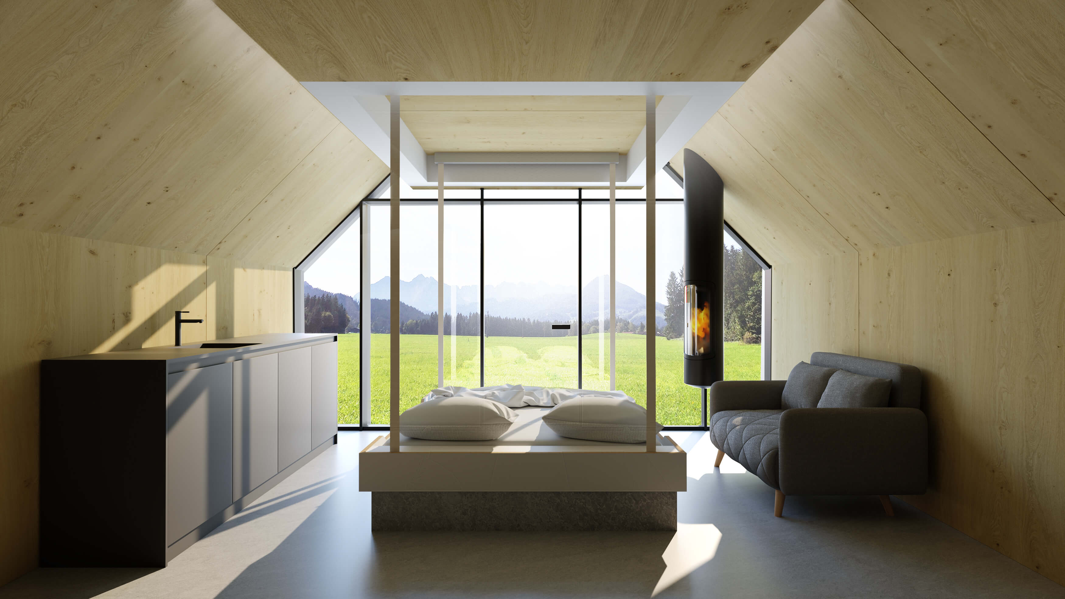 Večnamenski prostor z visečo posteljo, spuščeno iz stropa – sodoben industrijski dizajn za manjše interierje