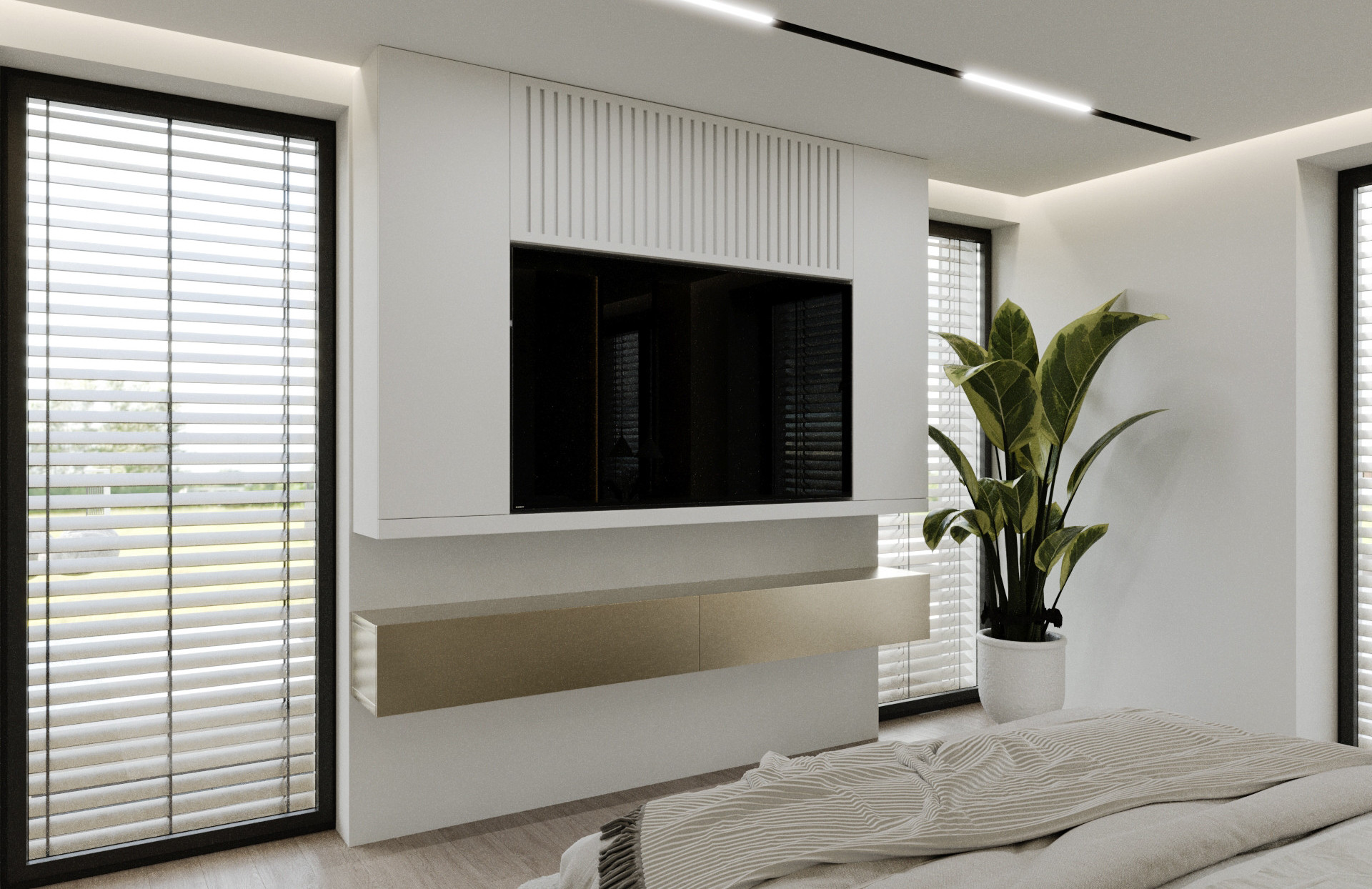 Spalnica s stenskim televizorjem in rastlino, primer notranjega oblikovanja prostorov