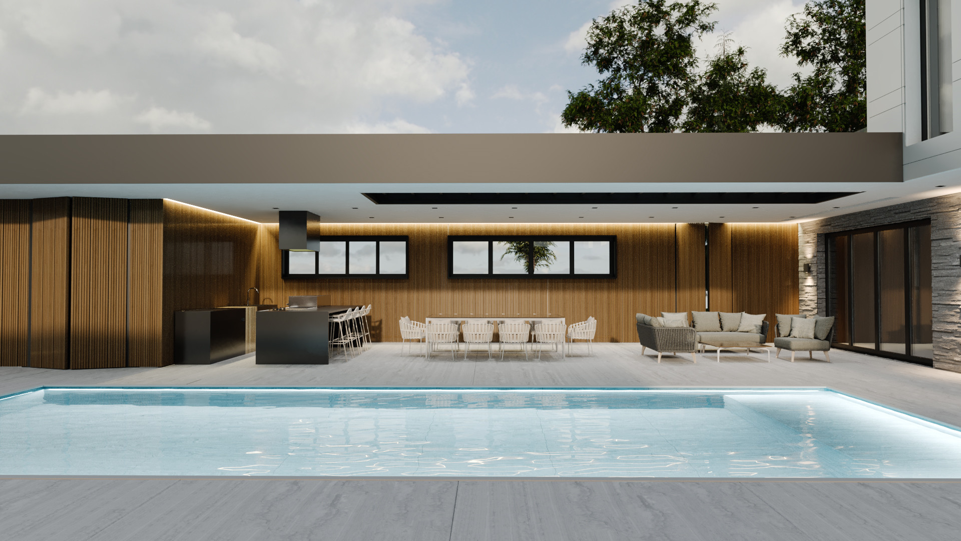 Letna kuhinja z jedilno mizo in bazenom ob sodobni vili