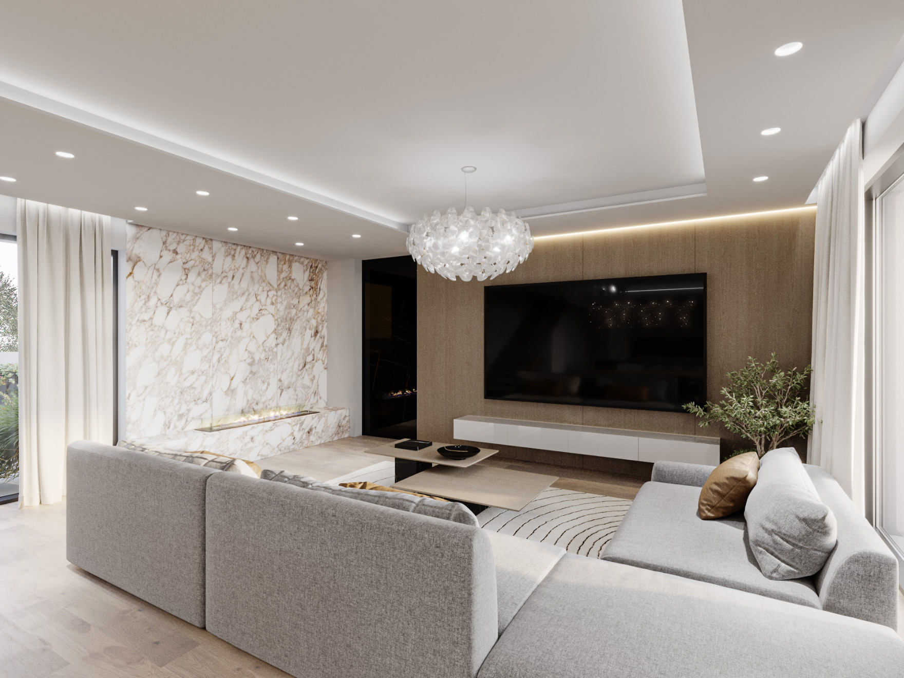 Notranji dizajn dnevne sobe s sedežno garnituro, marmornim kaminom, in televizijo