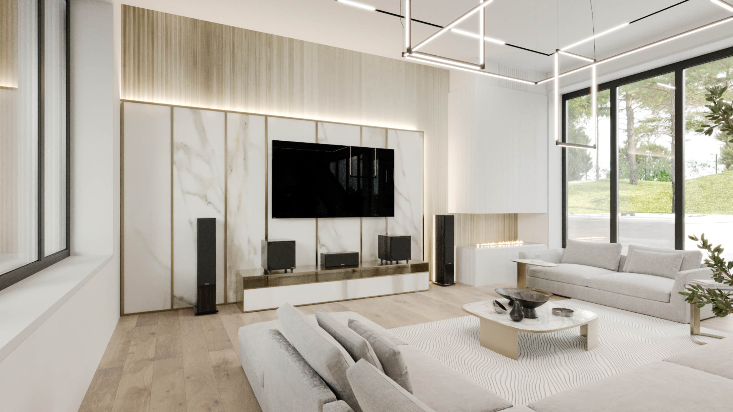 Moderen interier dnevne sobe z naravno svetlobo, kaminom in kamnitimi ter lesenimi detajli