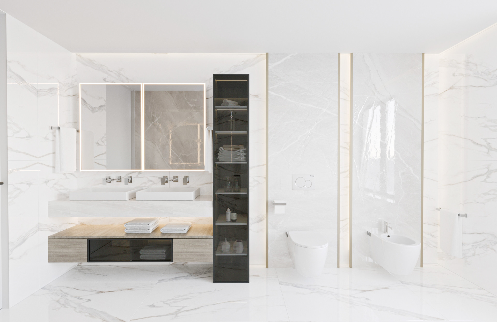 3D vizualizacija kopalnice z dvojnim umivalnikom, bidejem, straniščem in stekleno omaro