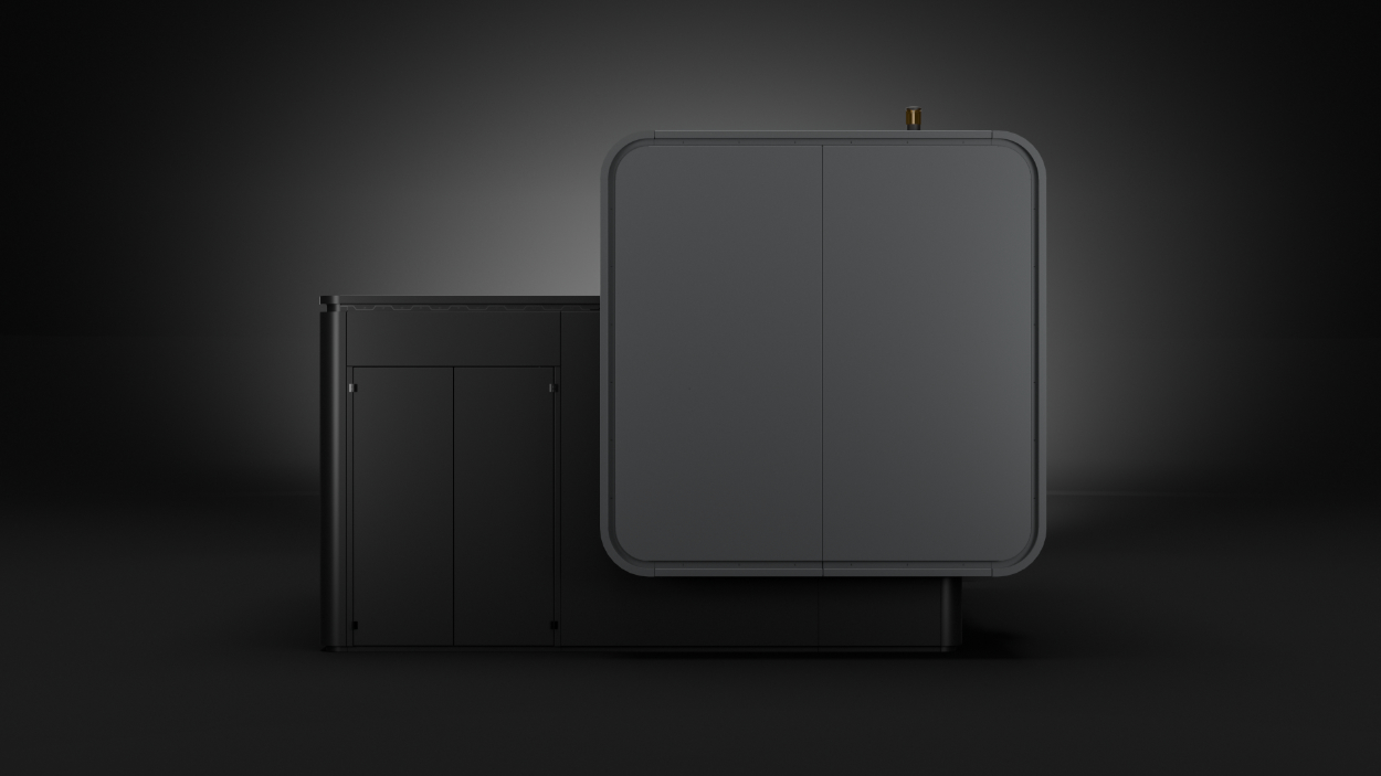 Left side view of the industrial design of the black Metal Morph metalworking machine