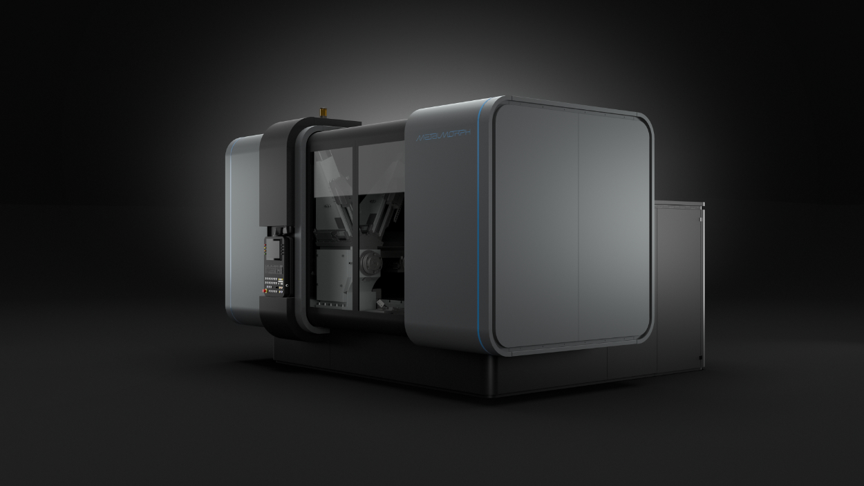 Perspektivni pogled z zadnje strani na stroj za obdelavo kovin Metal Morph, primer industrijskega oblikovanja