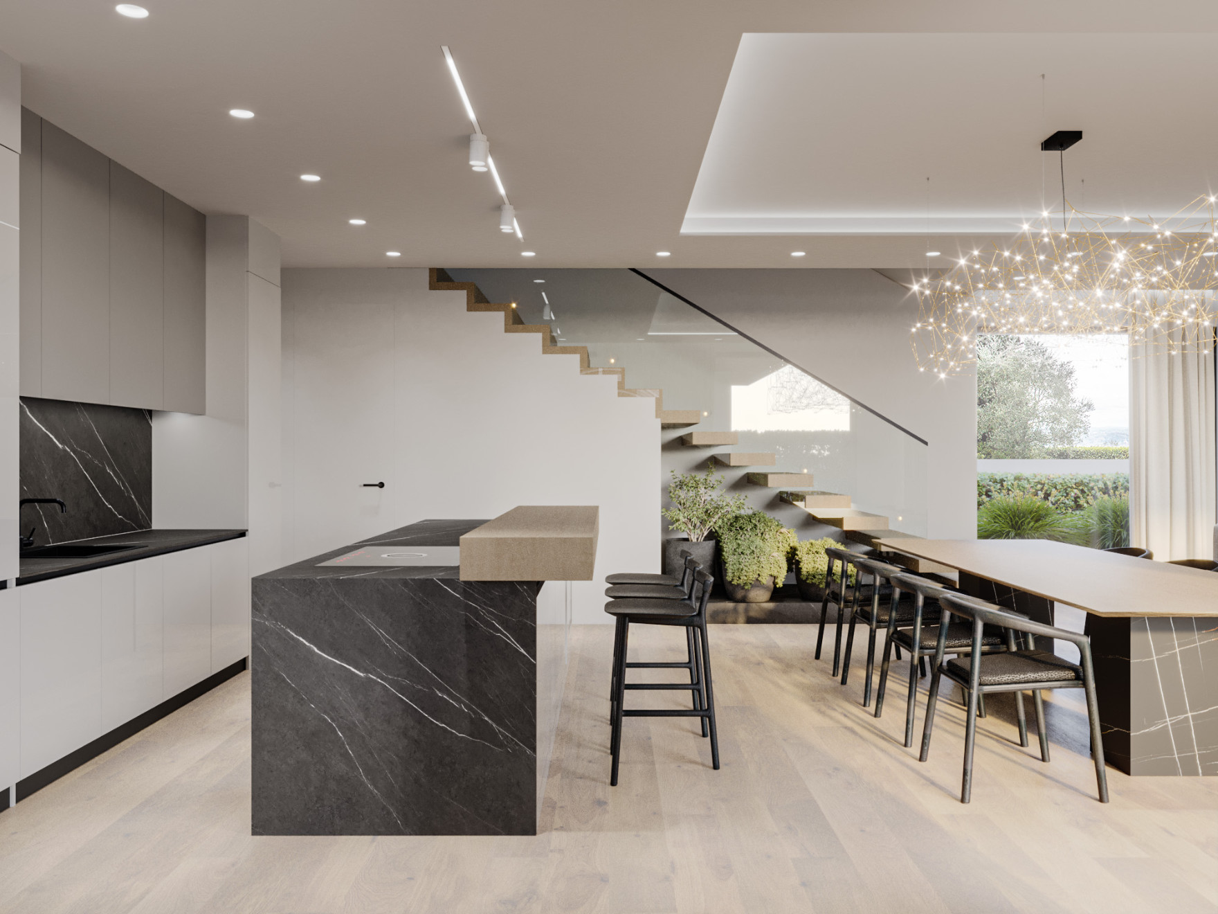 Minimalistično oblikovana kuhinja s kuhinjskim otokom, barskimi stoli in jedilnico