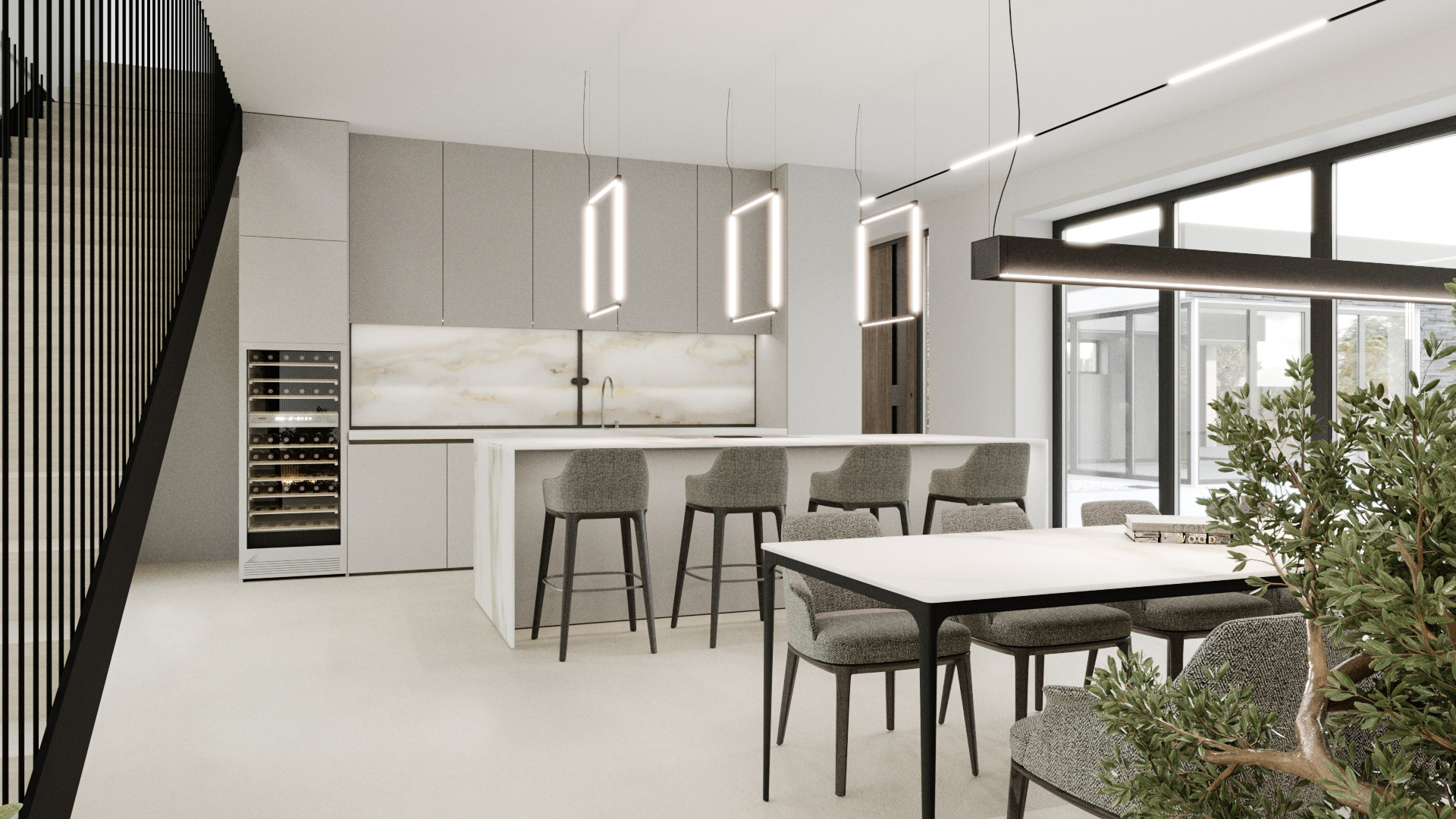 Moderna kuhinja z otokom in jedilnico v svetli barvi, primer notranjega oblikovanja prostorov