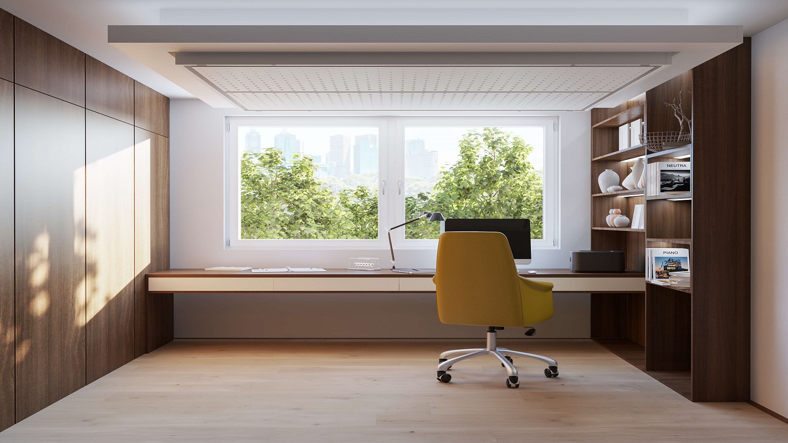 Moderna pisarna z visečo posteljo v zaprtem stanju, primer industrijskega oblikovanja za maksimalni izkoristek prostora