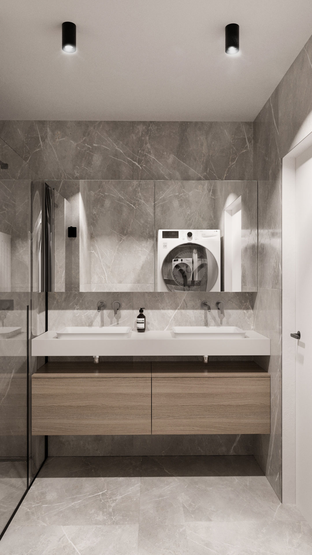 3D izris kopalnice z dvojnim umivalnikom, ogledali in lesenimi omaricami