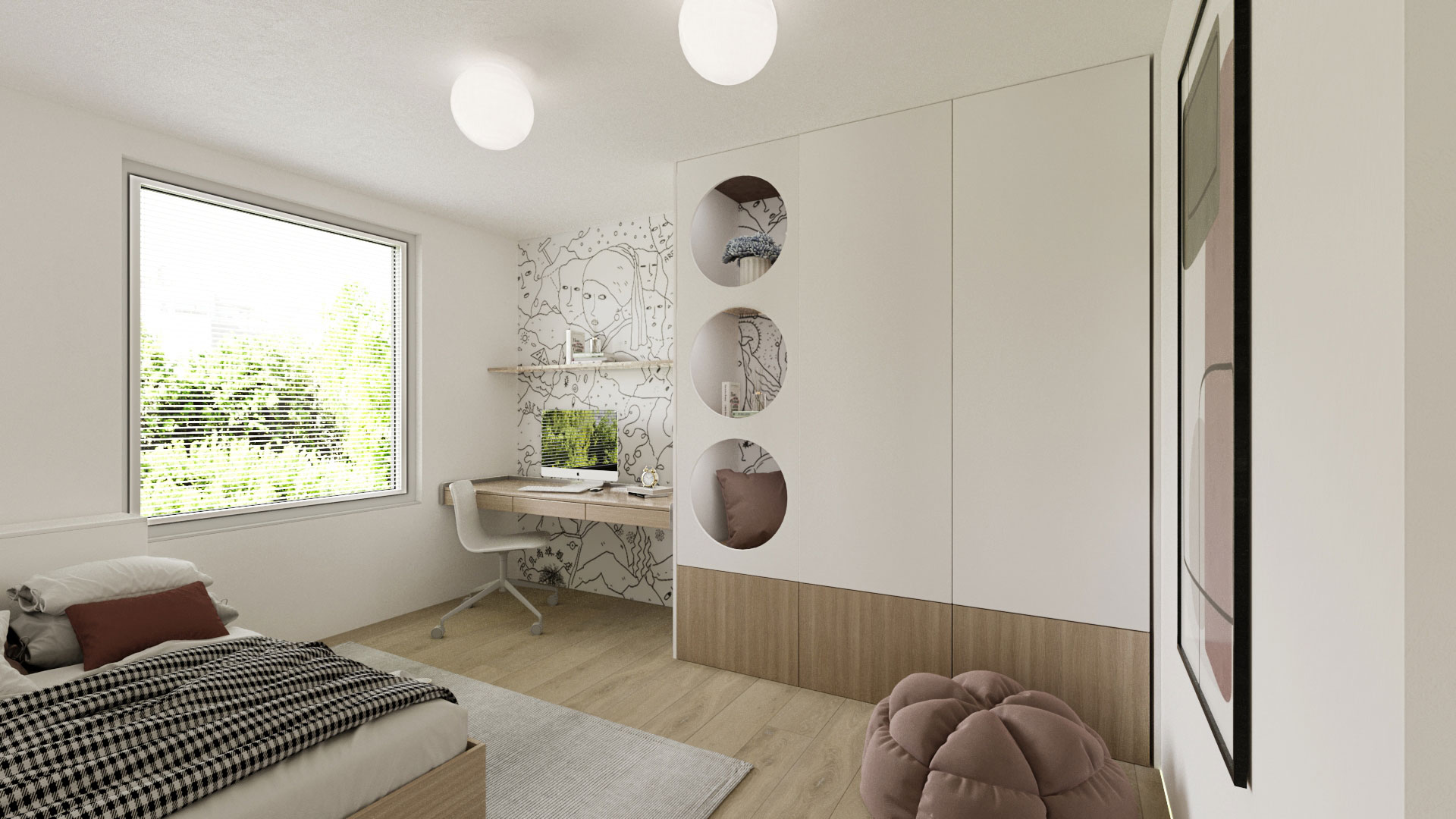 Children's room with a wooden desk, a wardrobe a wallpaper, and a large window