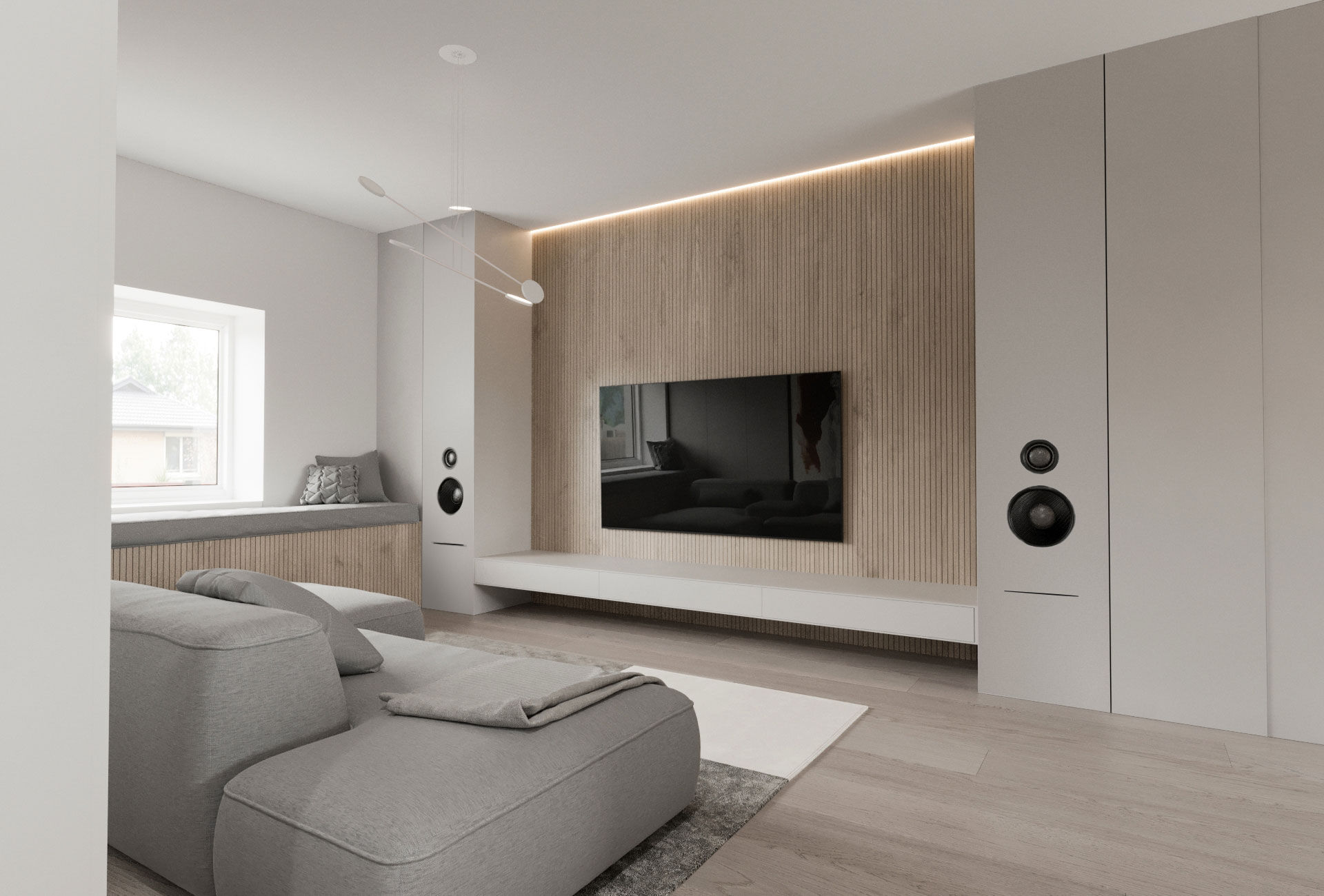 3D vizualizacija dnevne sobe s televizijo in sedežno garnituro