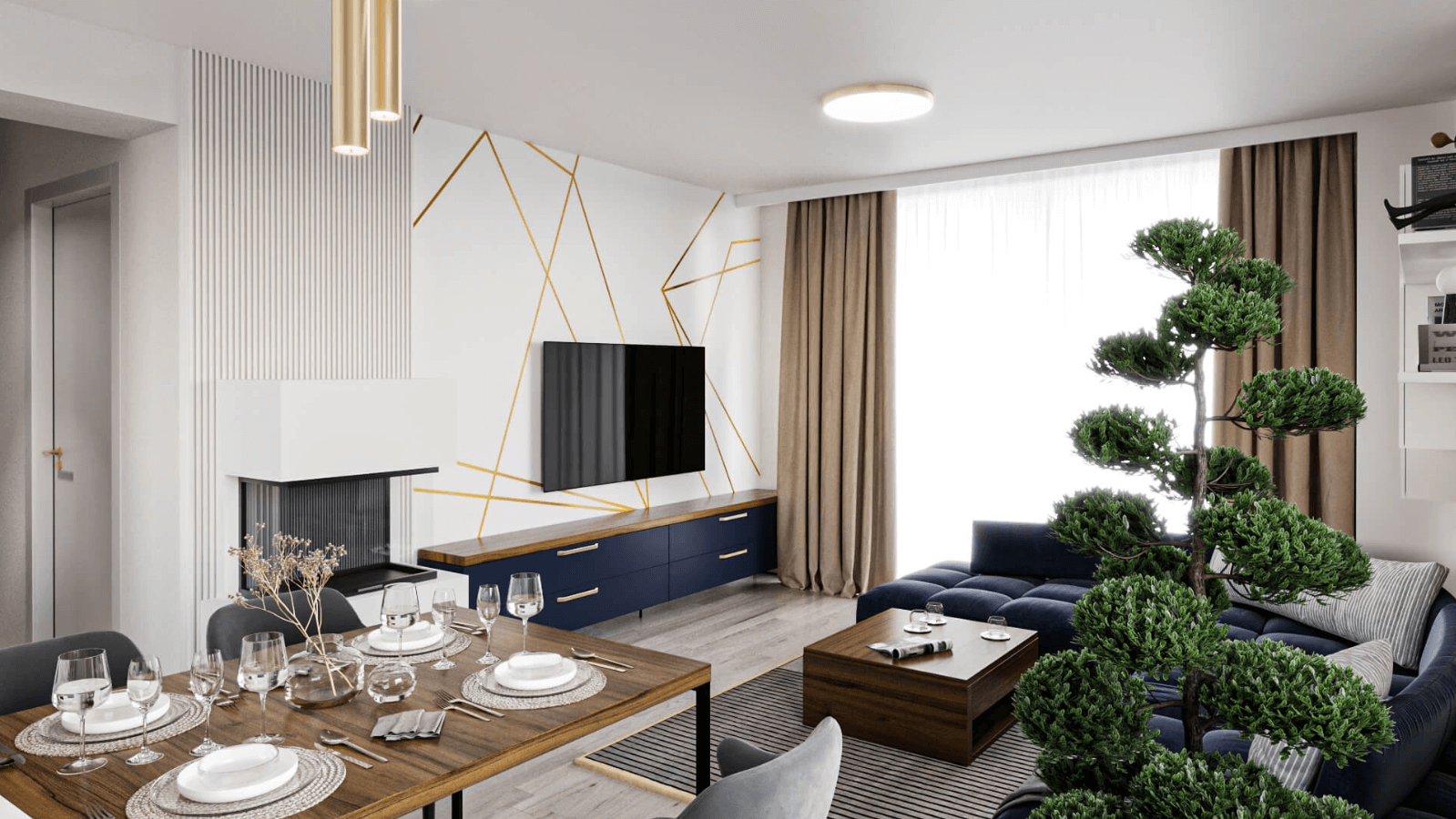 Interier jedilnice in dnevne sobe z lesenim pohištvom, bonsajem in zlatimi svetili