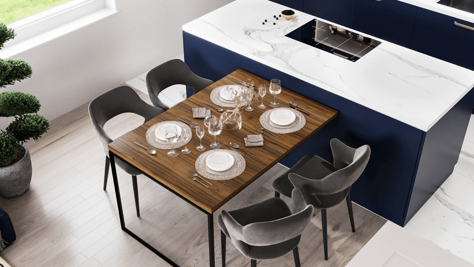 Dizajn jedilnice s kuhinjskim otokom in leseno jedilno mizo