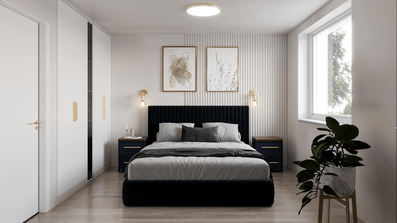 Naravno osvetljena spalnica v beli barvi z nočnimi omaricami in zlatimi svetili