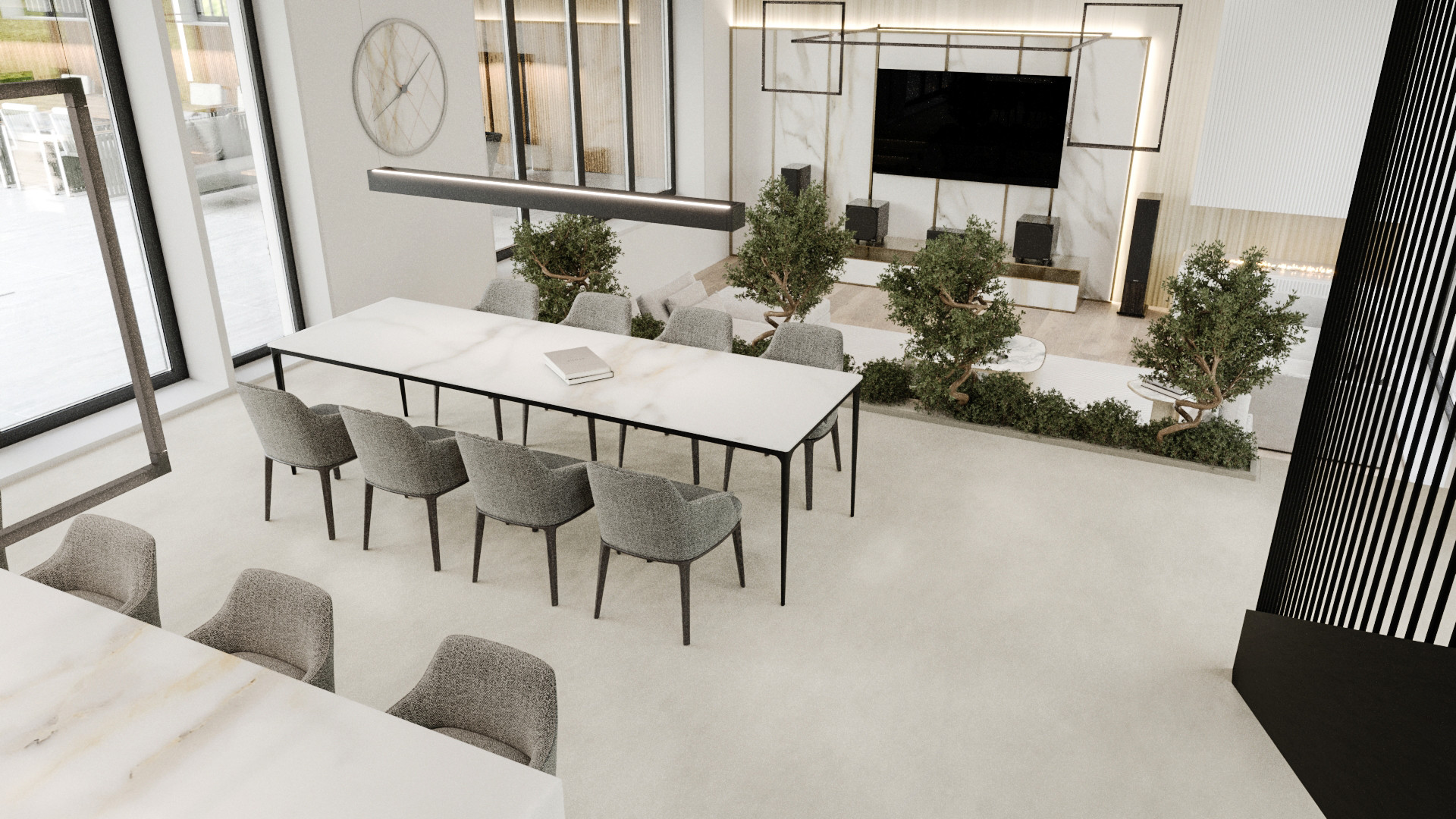 Minimalistično oblikovan bivalni interier z jedilnico, rastlinami in pogledom na dnevno sobo