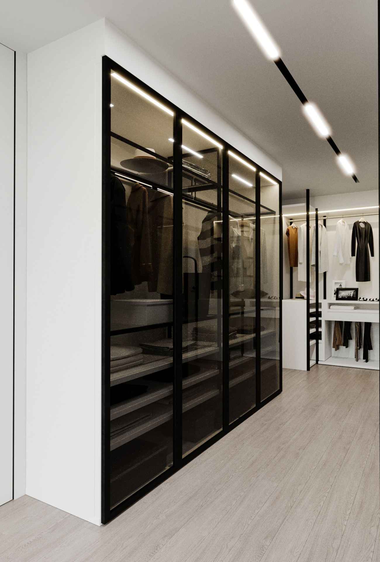 Notranji dizajn prostorne garderobe s steklenimi vrati in belimi stenami