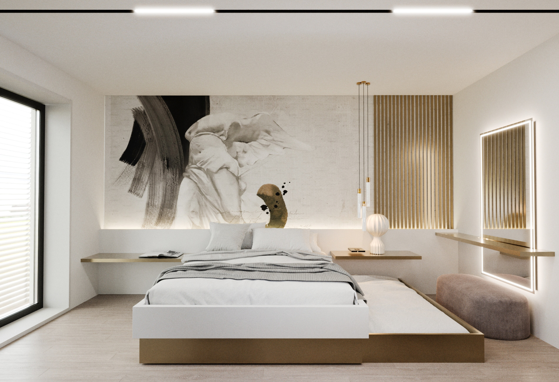 3D vizualizacija sobe za goste s stensko poslikavo in nočnimi omaricami