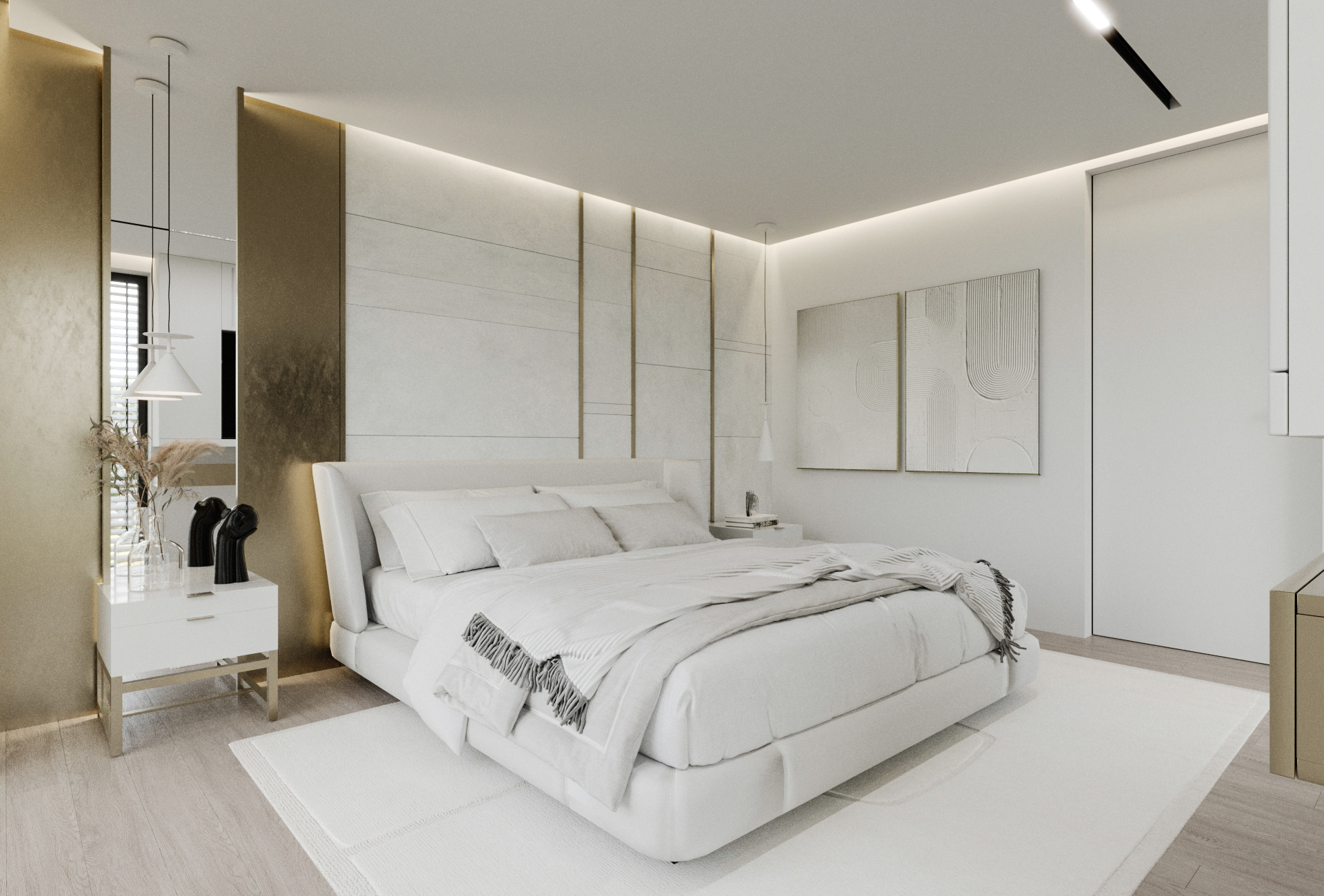 Glavna spalnica v beli barvi z zlatimi detajli in nočno omarico