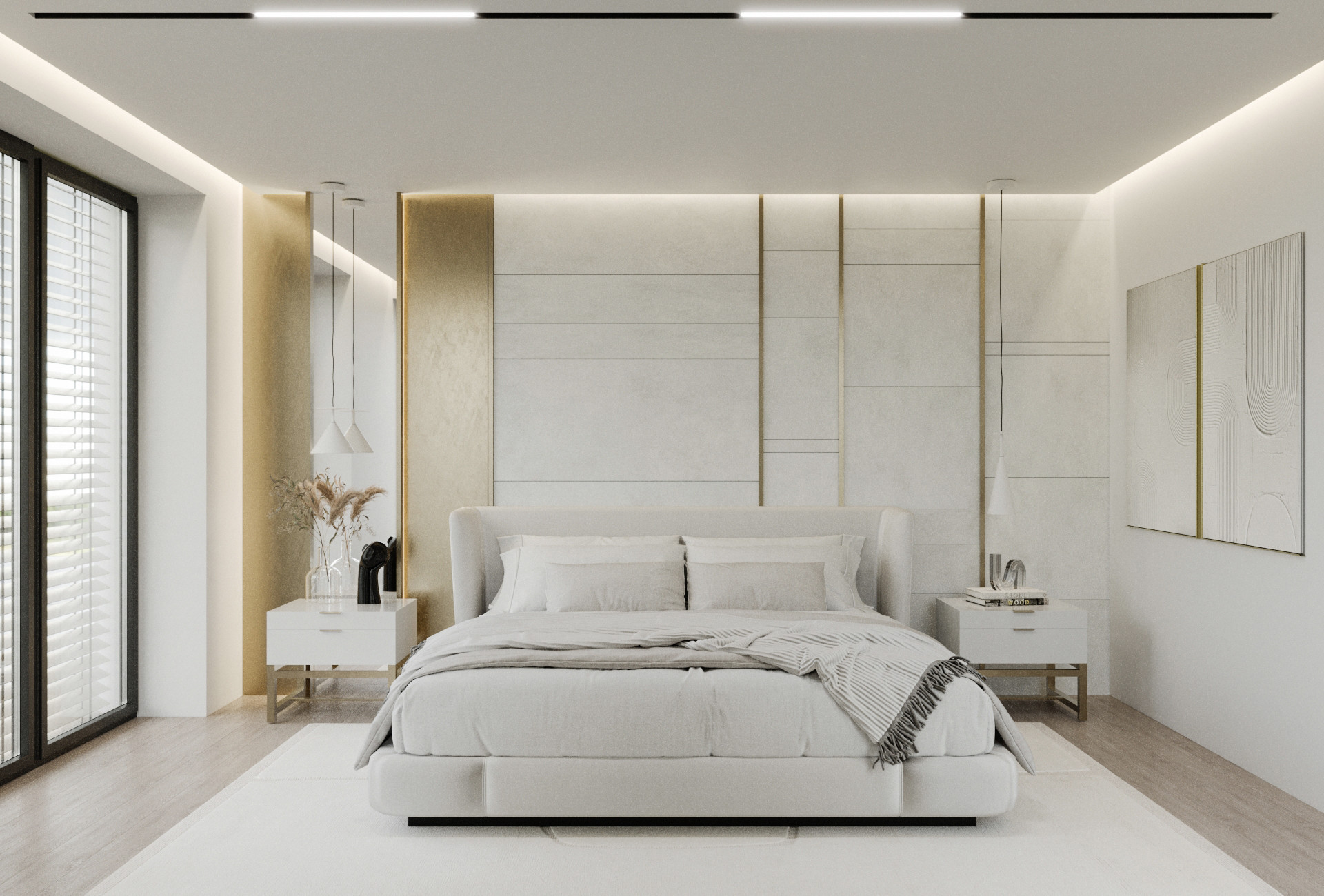 3D vizualizacija bele glavne spalnice z nočnimi omaricami in slikami