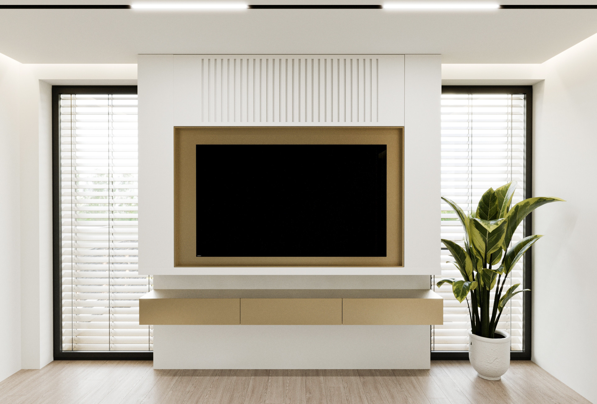 TV stena z zlato obrobo in lebdečo omarico v sodobno oblikovanem interierju