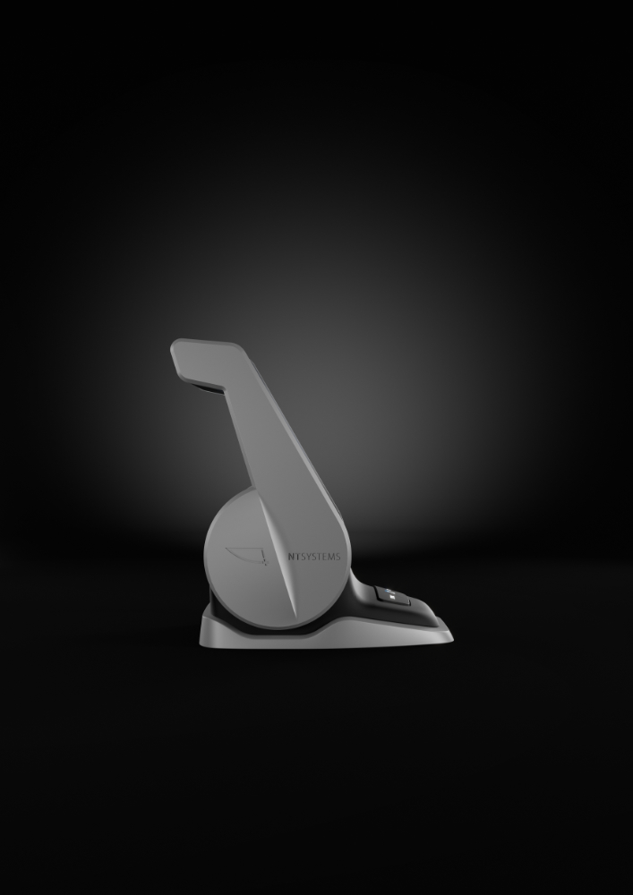Side view of a joystick with gray details, created as part of an industrial design project for NT Systems