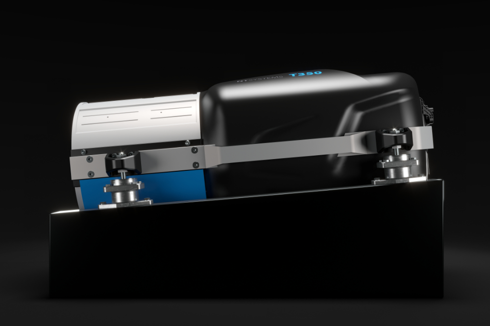Side view of the NT Systems T350 engine in white, blue and black