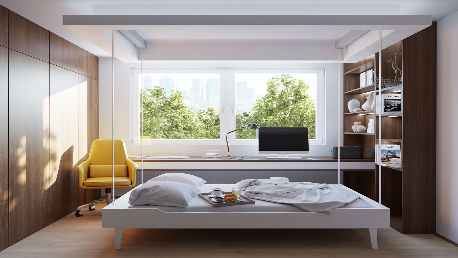 Spuščena visečo posteljo uindustrijskim oblikovanjem za varčevanje s prostorom v moderni pisarni