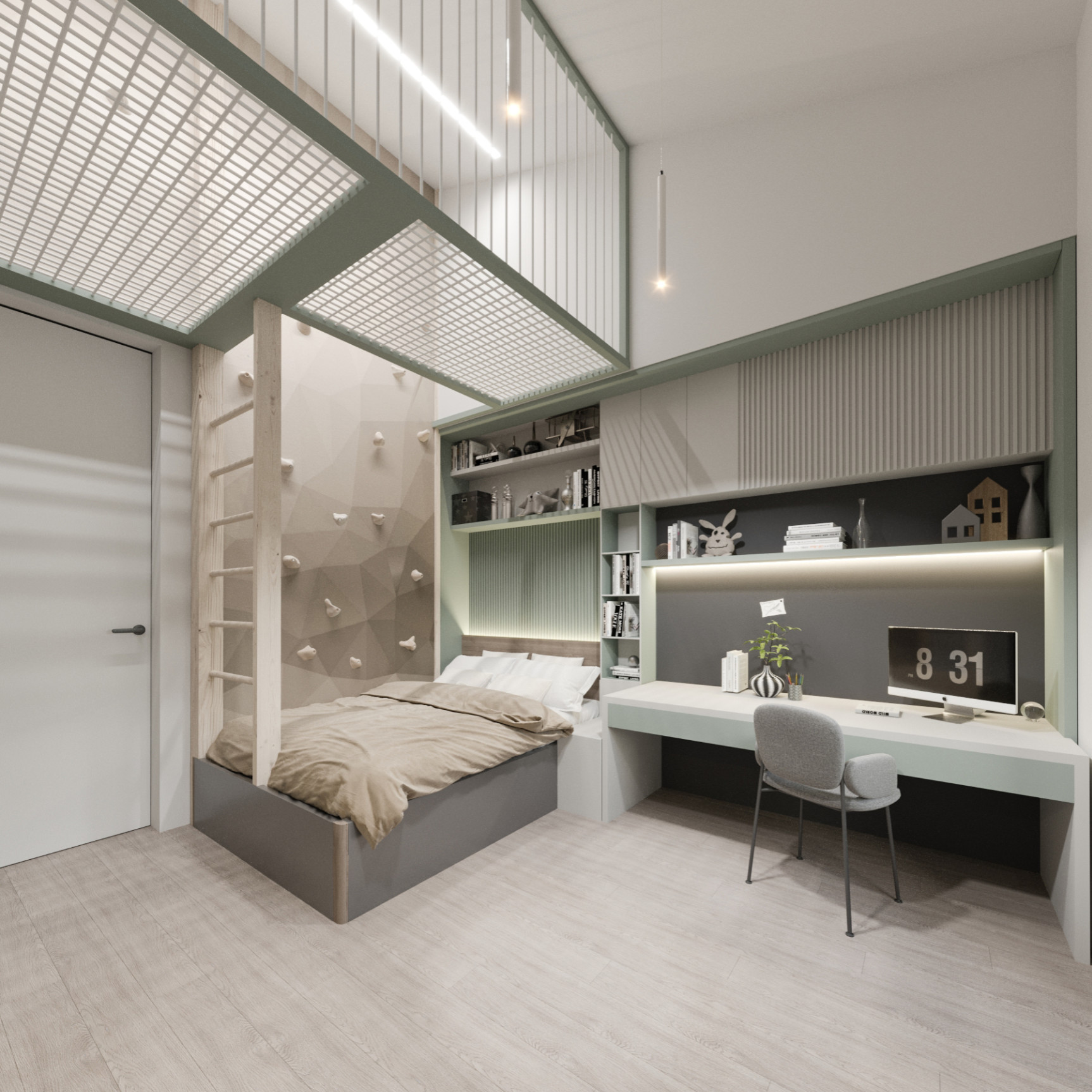 Interier otroške sobe, s plezalno steno in pisalno mizo, narejen po meri notranjega oblikovalca