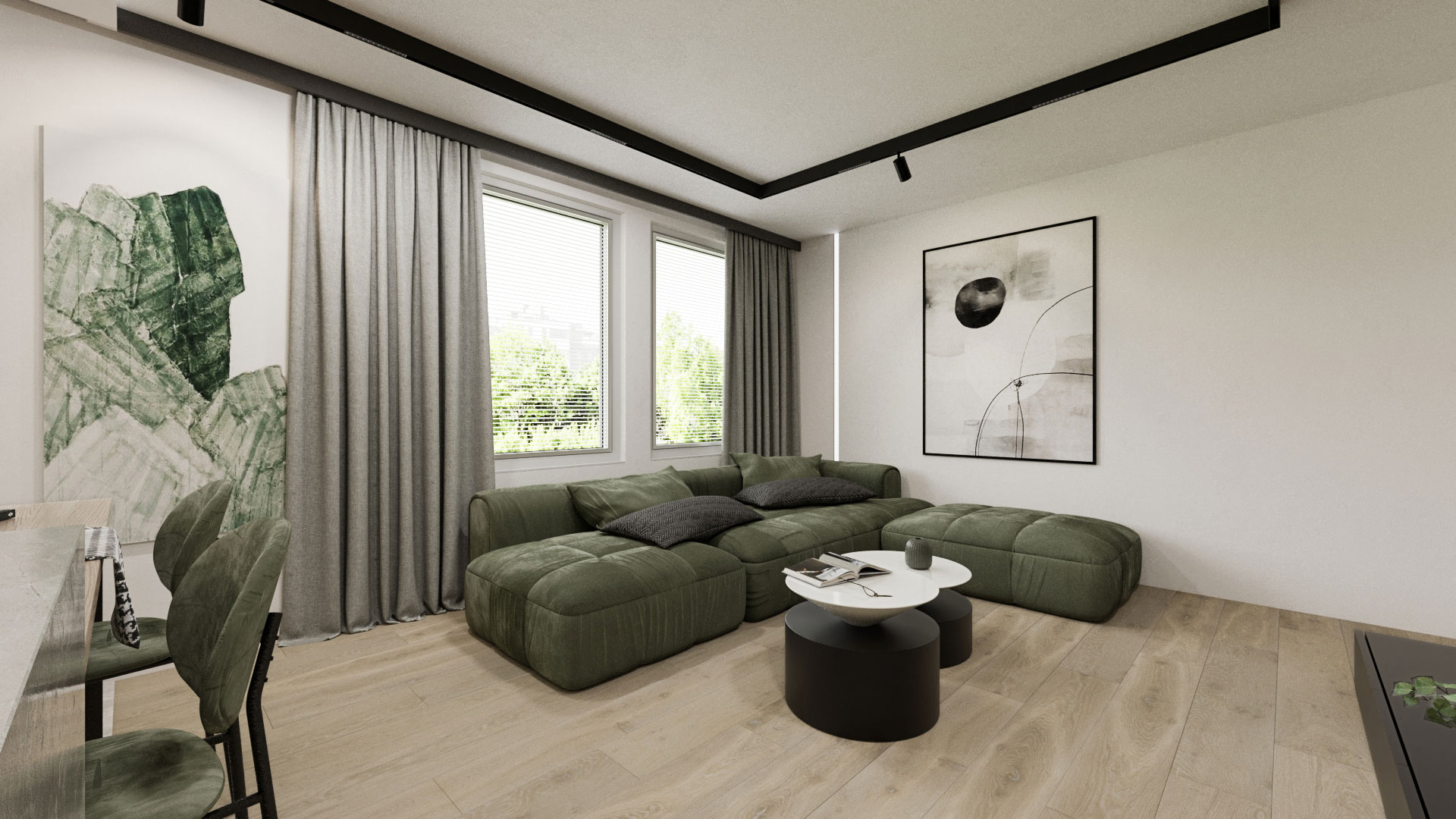 Bright and modern living room with a green modular sofa, artwork and a coffee table