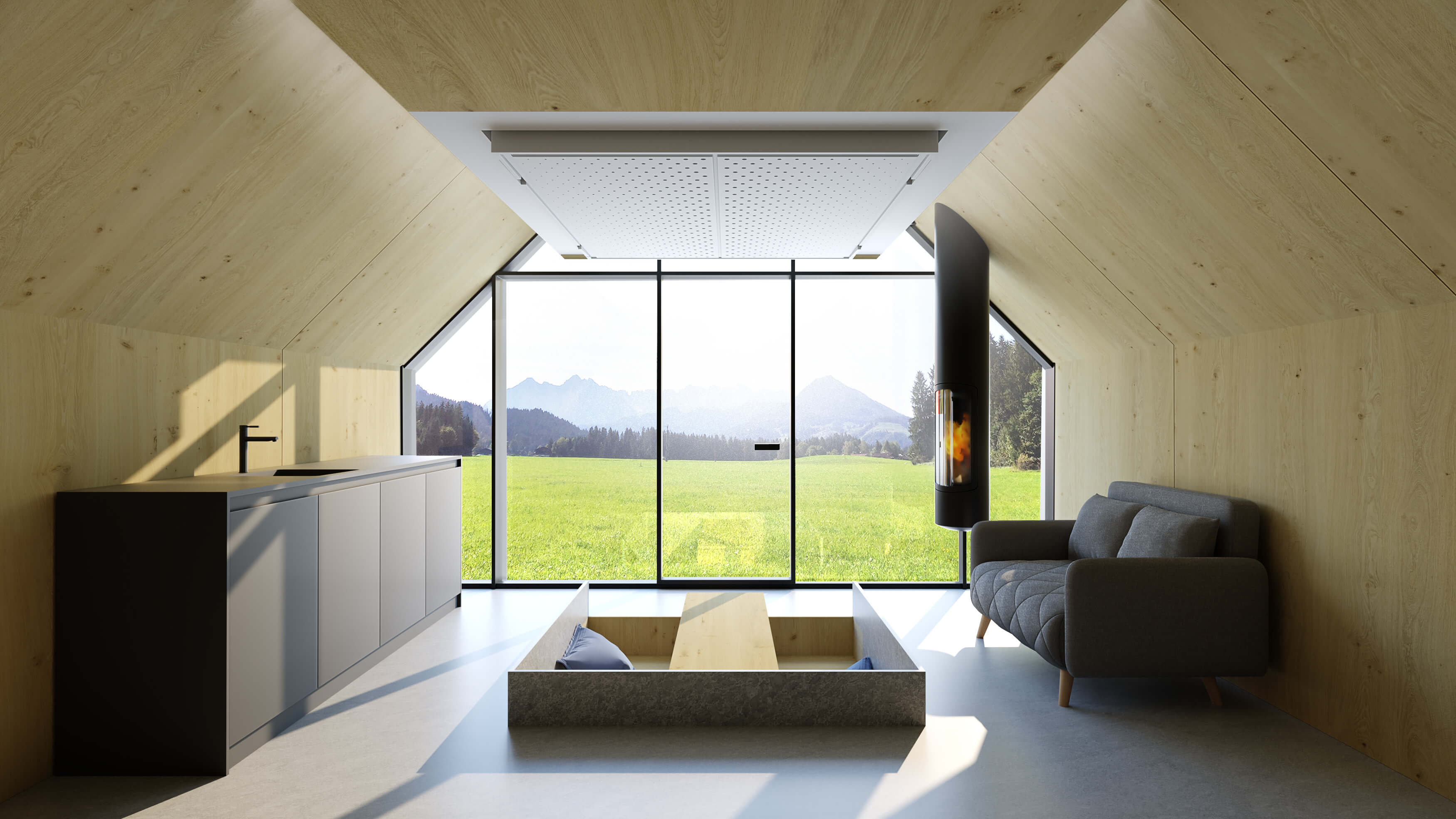 Sodobna dnevna soba v gorski hiši z zaprto visečo posteljo v stropu