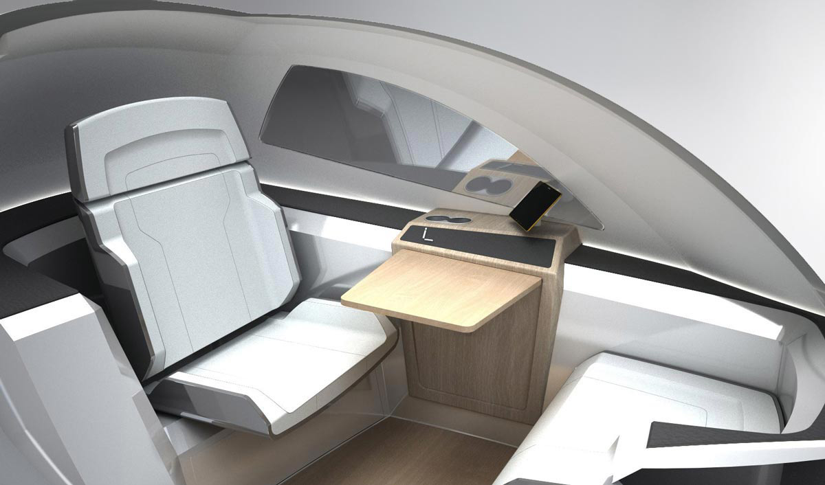 3D visualization of the interior of the Airpod sleeping capsule with chairs and a wooden table