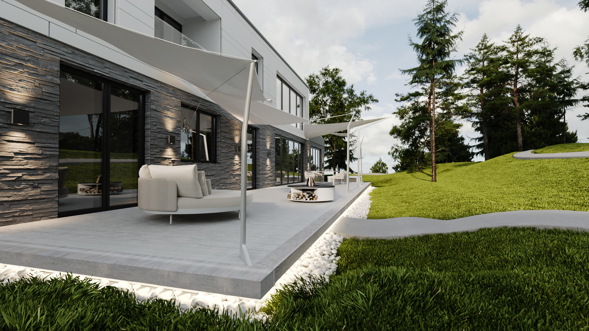 Prikaz oblikovanja terase luksuzne vile s sedežno garnituro in ognjiščem