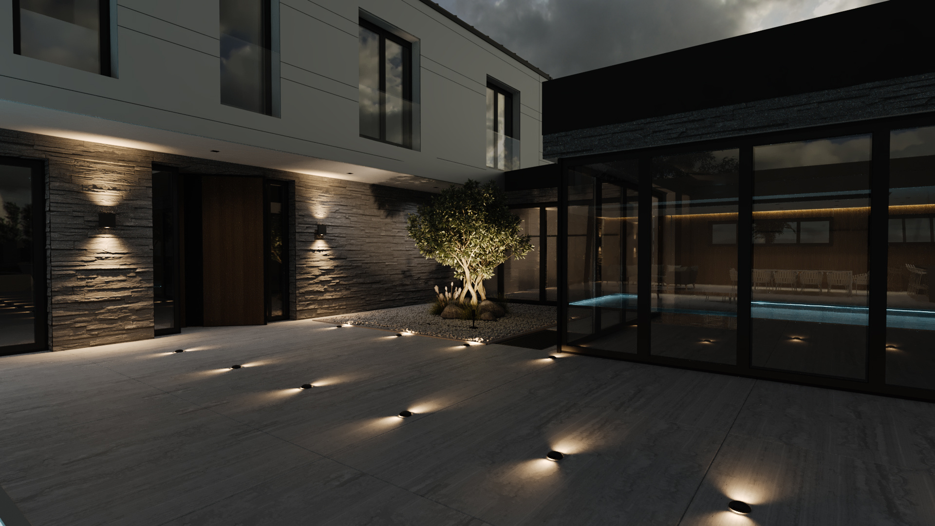 3D vizualizacija vhoda v luksuzno vilo ponoči