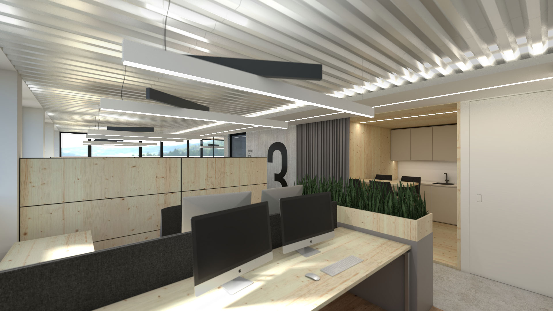 Modern office space with wooden furniture, plants and a minimalist kitchen