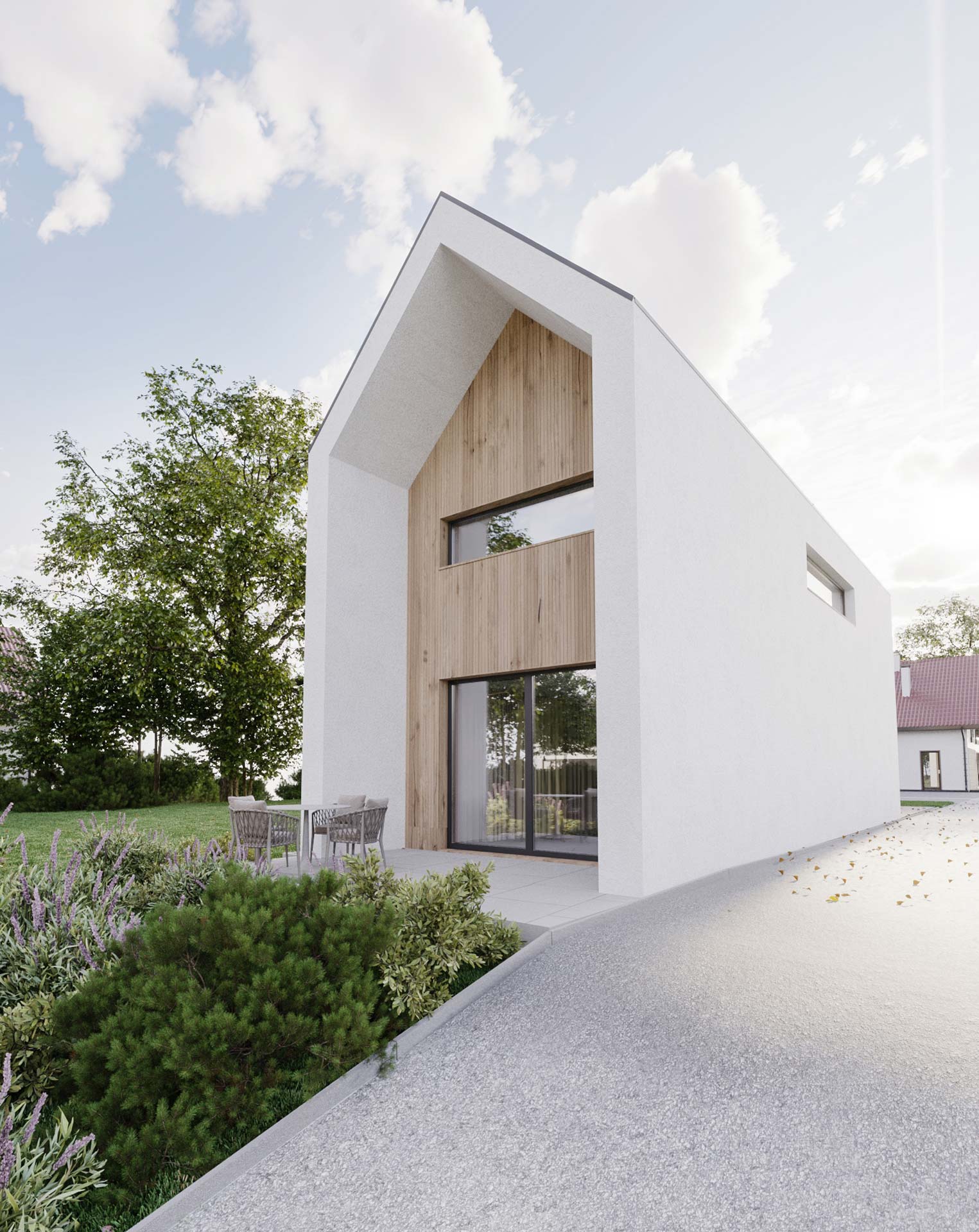 Minimalistično zasnovana enostanovanjska hiša v Tomišlju z vrtom in balkonskimi vrati, projekt arhitekturnega biroja