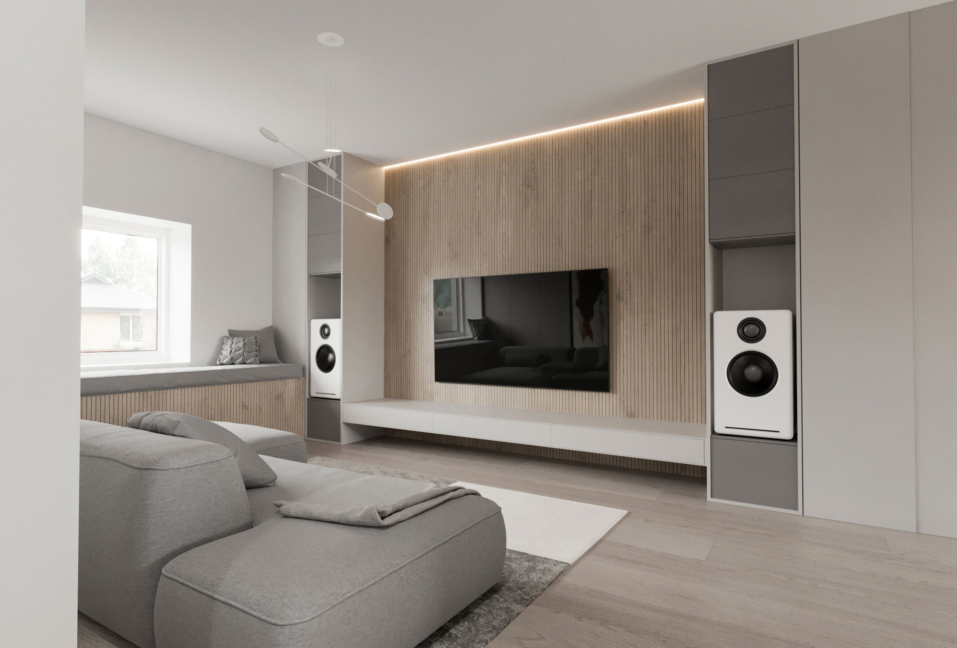 Minimalistično oblikovan dnevni prostor z lesenimi detajli, televizijo, kavčem in ugrajenimi zvočniki