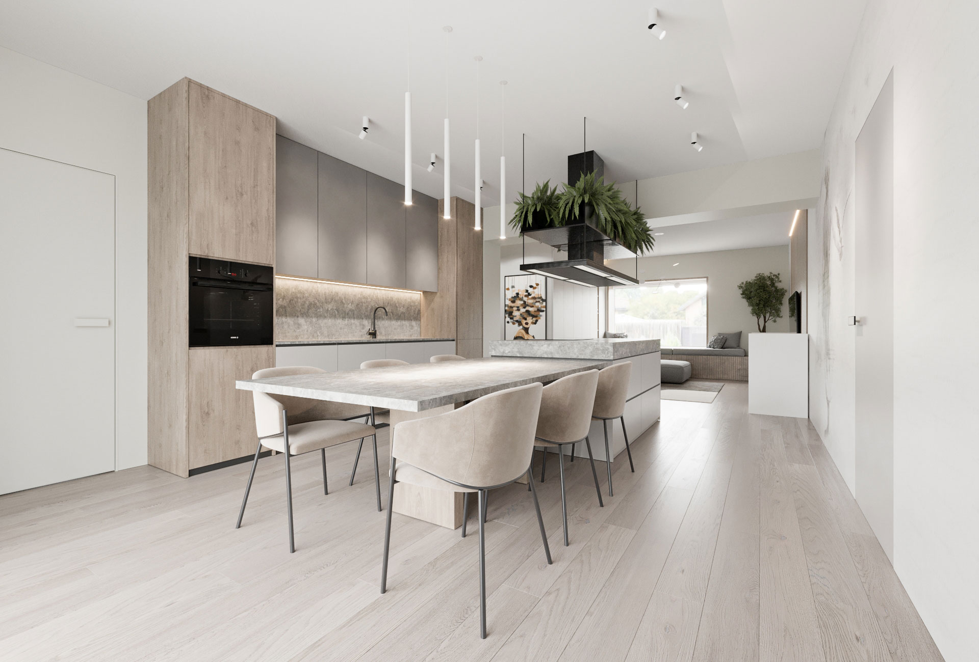 3D izris stanovanja s svetlo jedilnico in kuhinjo z lesenimi omarami ter marmornimi mizami