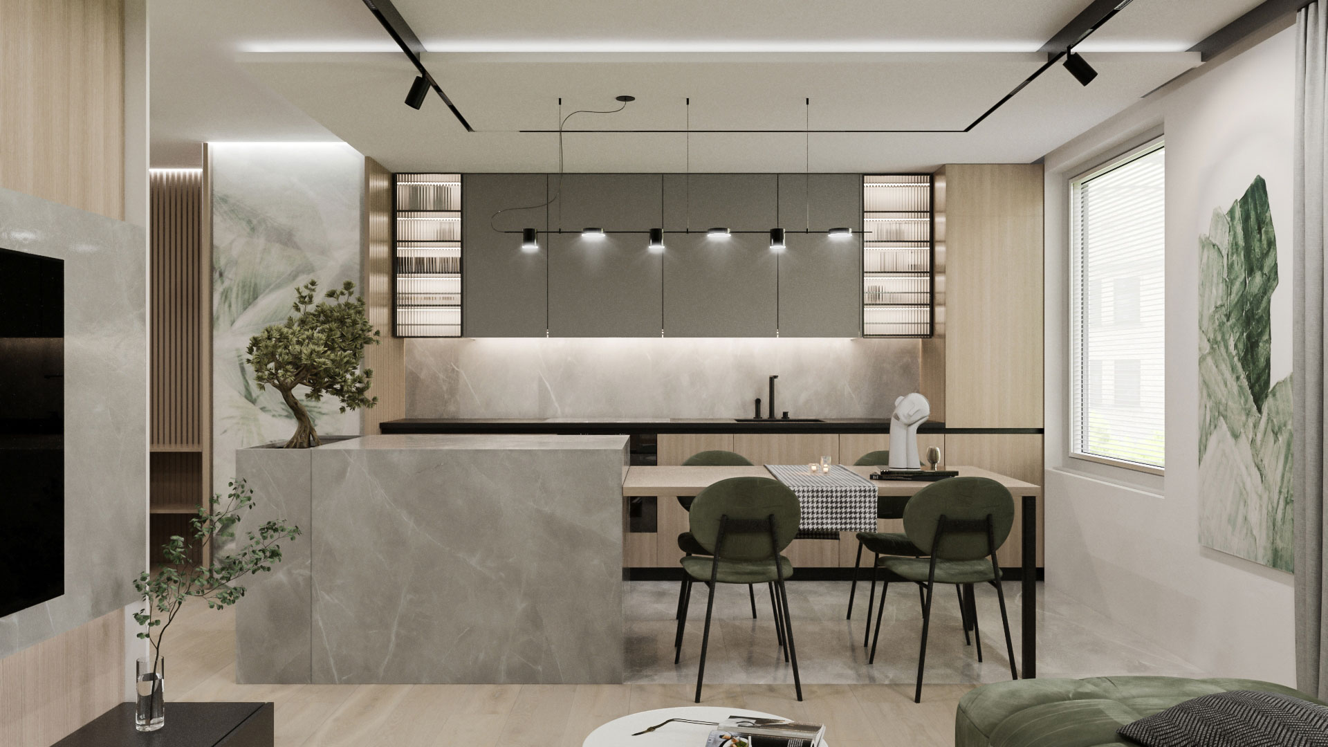 3D visualization of a light gray kitchen with a marble kitchen island, green chairs, and wooden cabinets