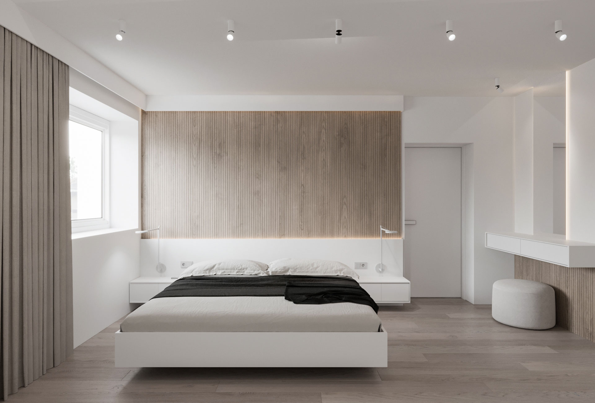 3D vizualizacija minimalistične spalnice z nočnimi omaricami in dnevno svetlobo