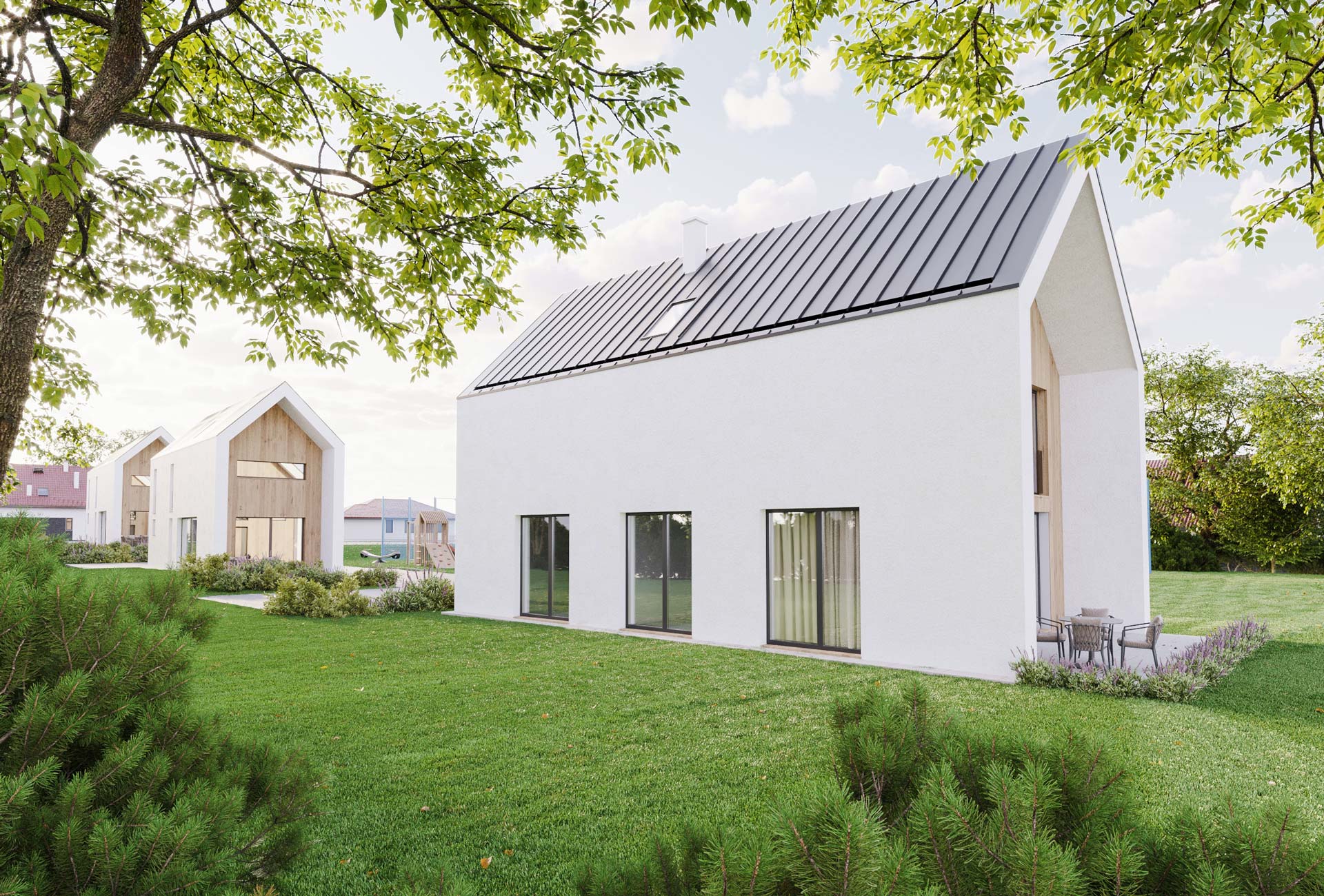 3D vizualizacija dvojčka v Tomišlju z moderno, belo fasado, veliko teraso in balkonskimi vrati