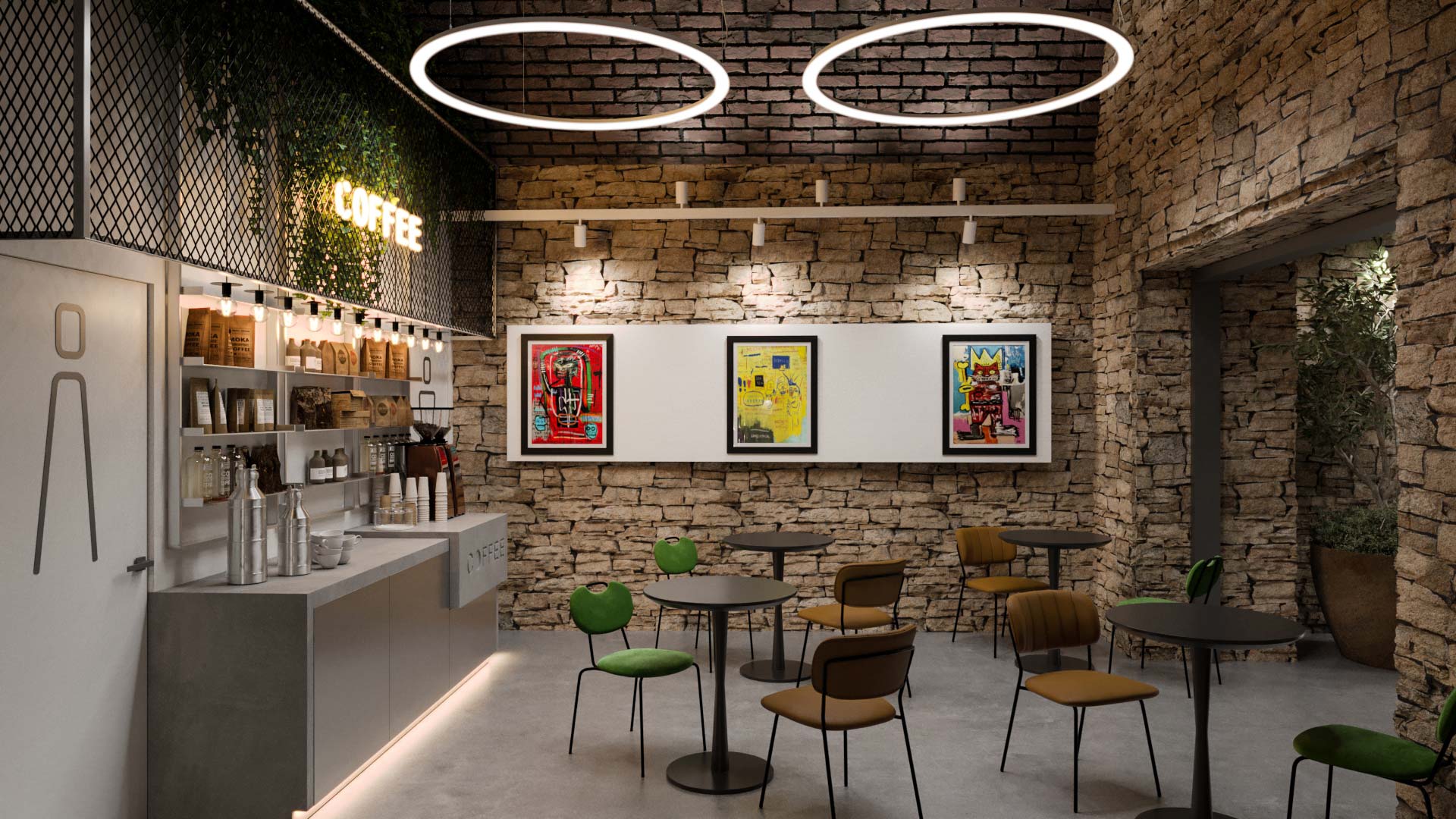 Stranski pogled na kavarno v podzemnem hotelu, kjer se kamnite stene prepletajo z umetniškimi deli in pohištvom