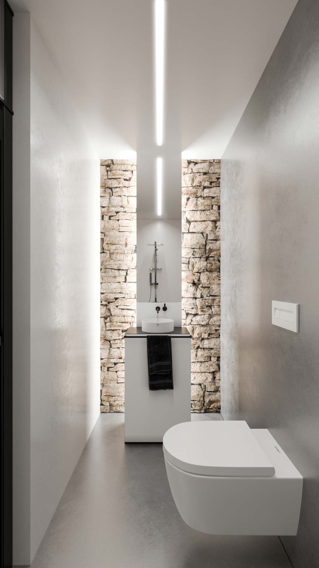 3D visualization of a minimalist bathroom with a sink and a stone wall