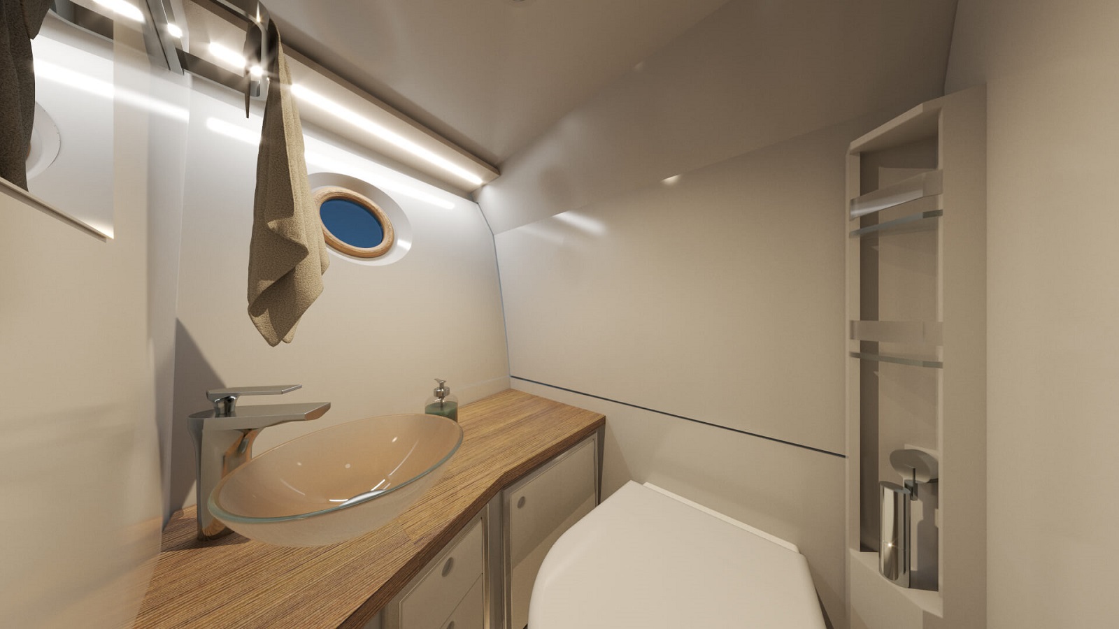 Kopalnica s steklenim umivalnikom in straniščem, na motornem čolnu