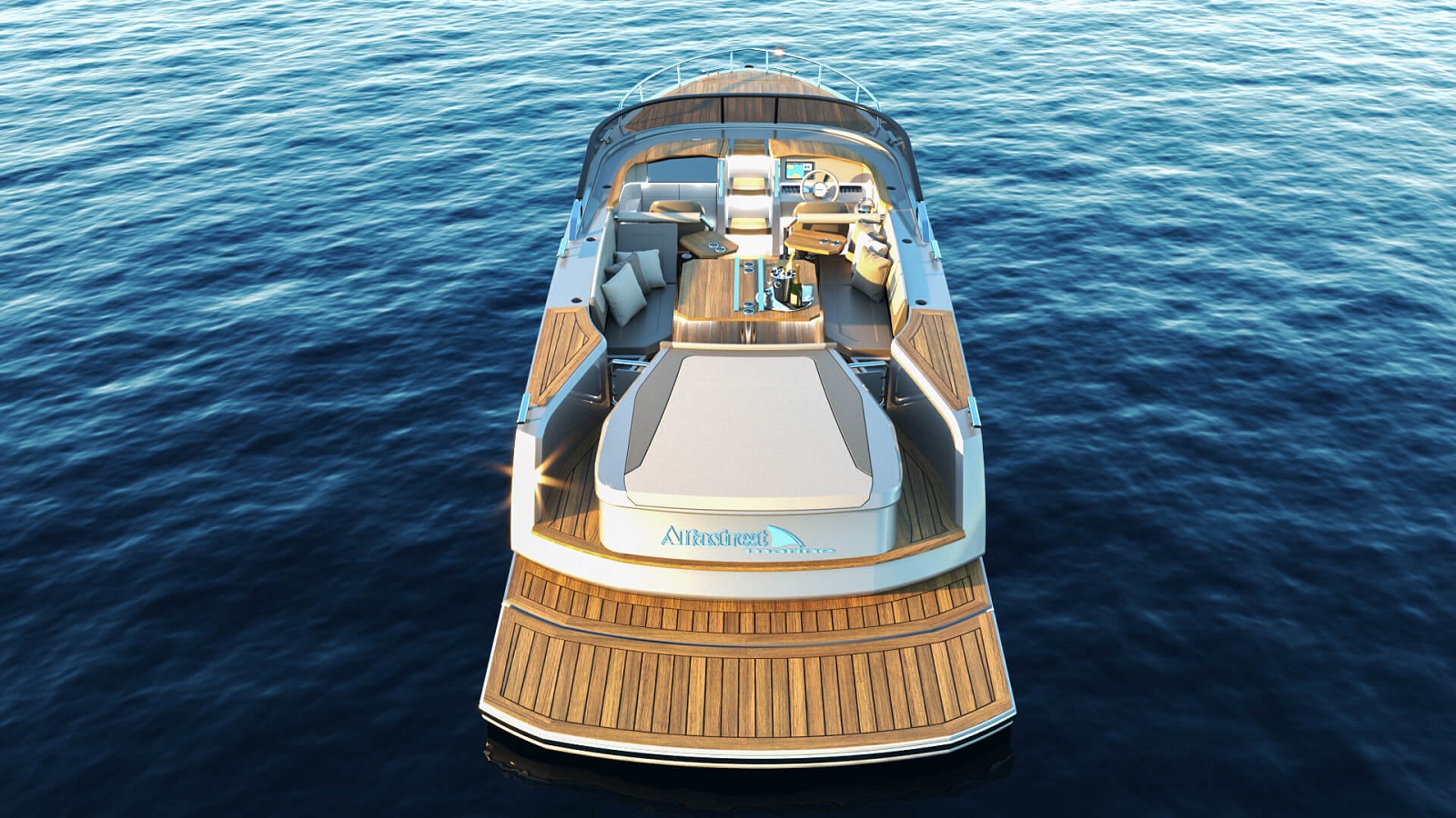 Zgornji pogled na motorni čoln Alfastreet s prostornim sedežnim delom in mizo za pijačo